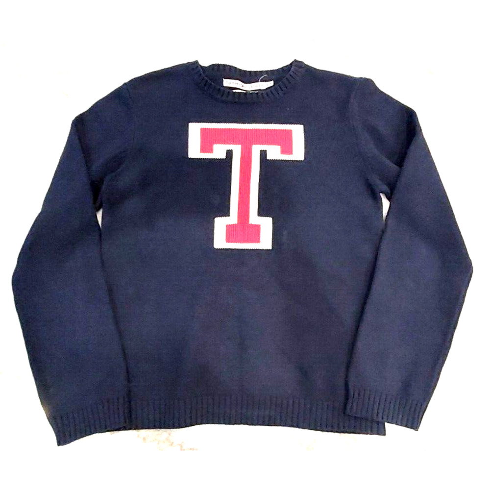 Tommy Hilfiger Women's Wool Blend Navy Blue Sweater with T Varsity Letter Sz Lrg